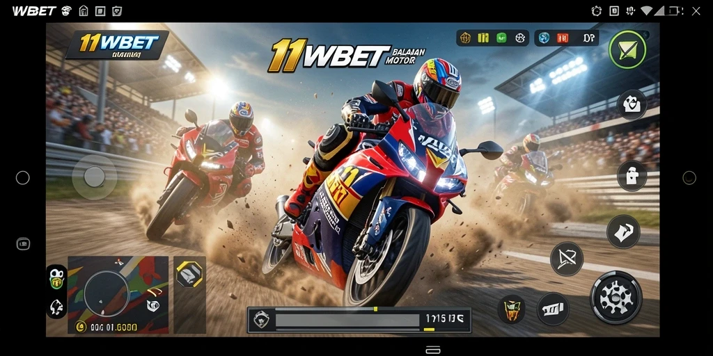 Tampilan gameplay 11WBET yang menegangkan dalam balapan motor.