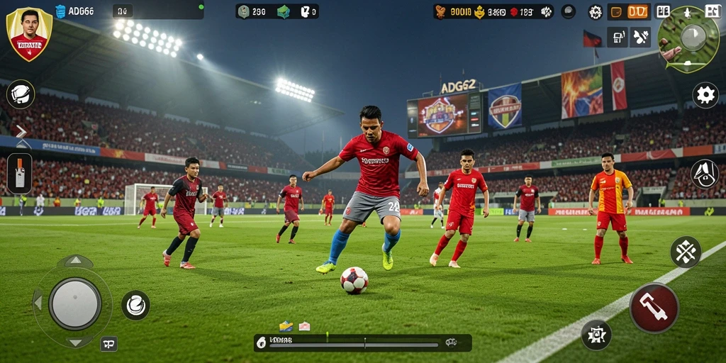 Screenshot utama ADG62 menampilkan aksi pertandingan sepak bola yang seru.