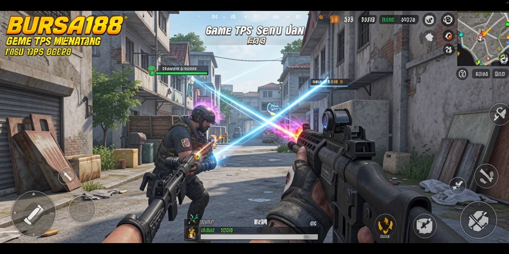 Screenshot BURSA188 menampilkan aksi gameplay TPS yang dinamis.