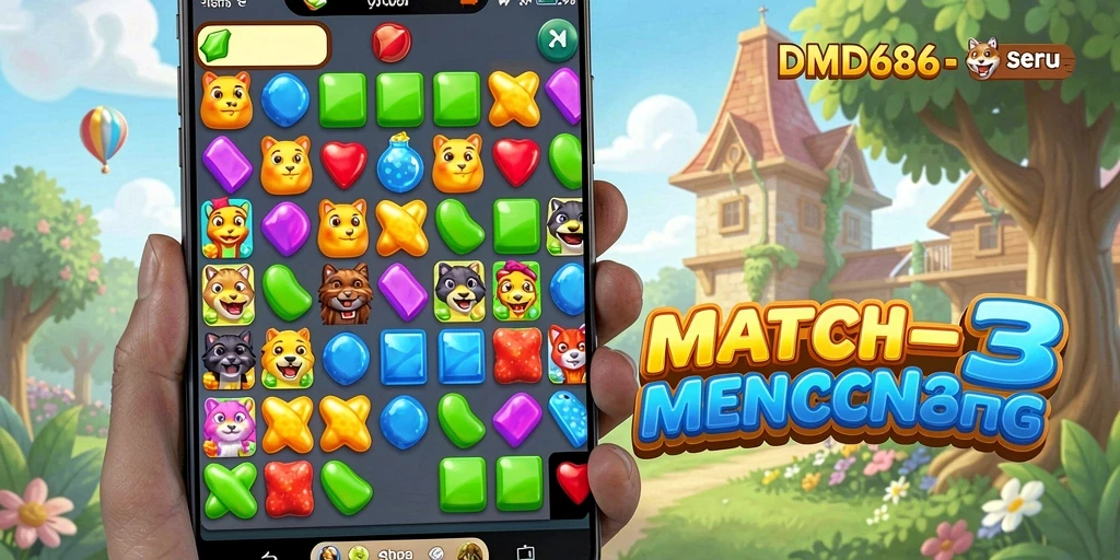 Screenshot DMD686 menampilkan gameplay menantang dari level Match-3.