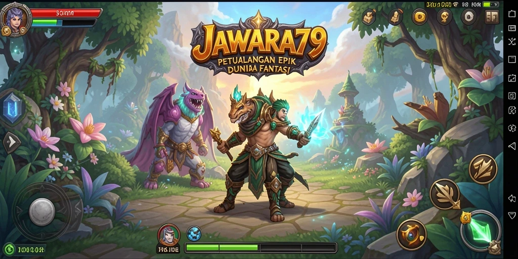 Tampilan gameplay JAWARA79 yang epik dalam pertempuran RPG.