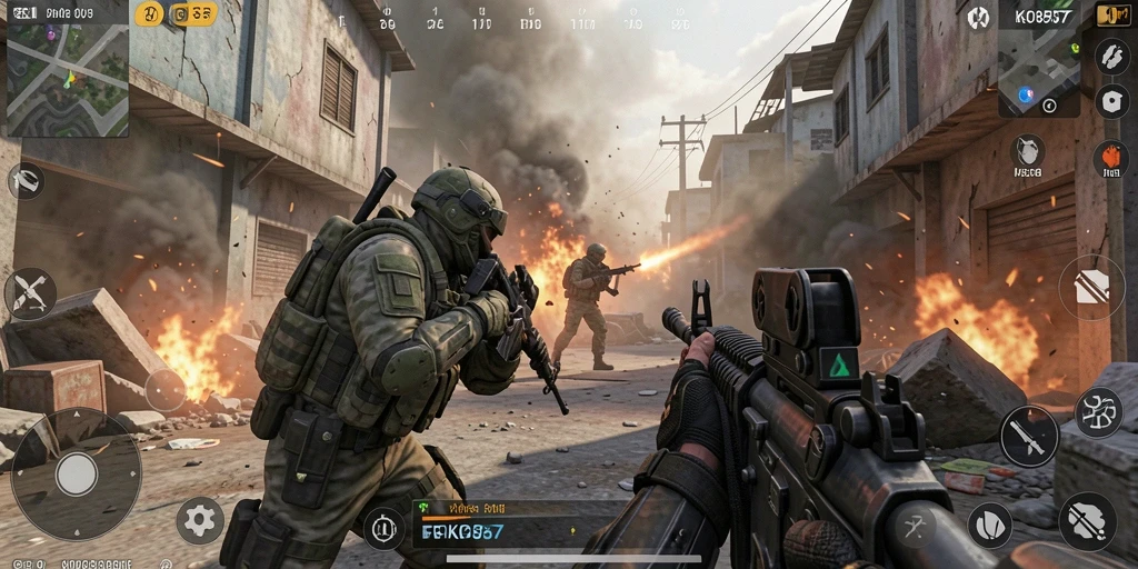 Screenshot gameplay KO857 menunjukkan pertempuran mendebarkan dalam FPS.
