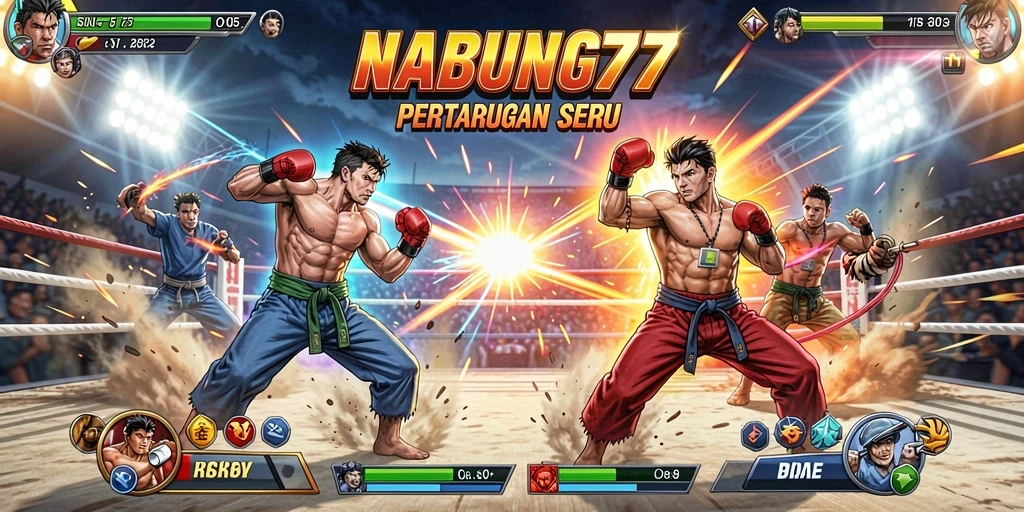 Tangkapan layar gameplay NABUNG77 menampilkan pertarungan yang intens dan karakter yang kuat.
